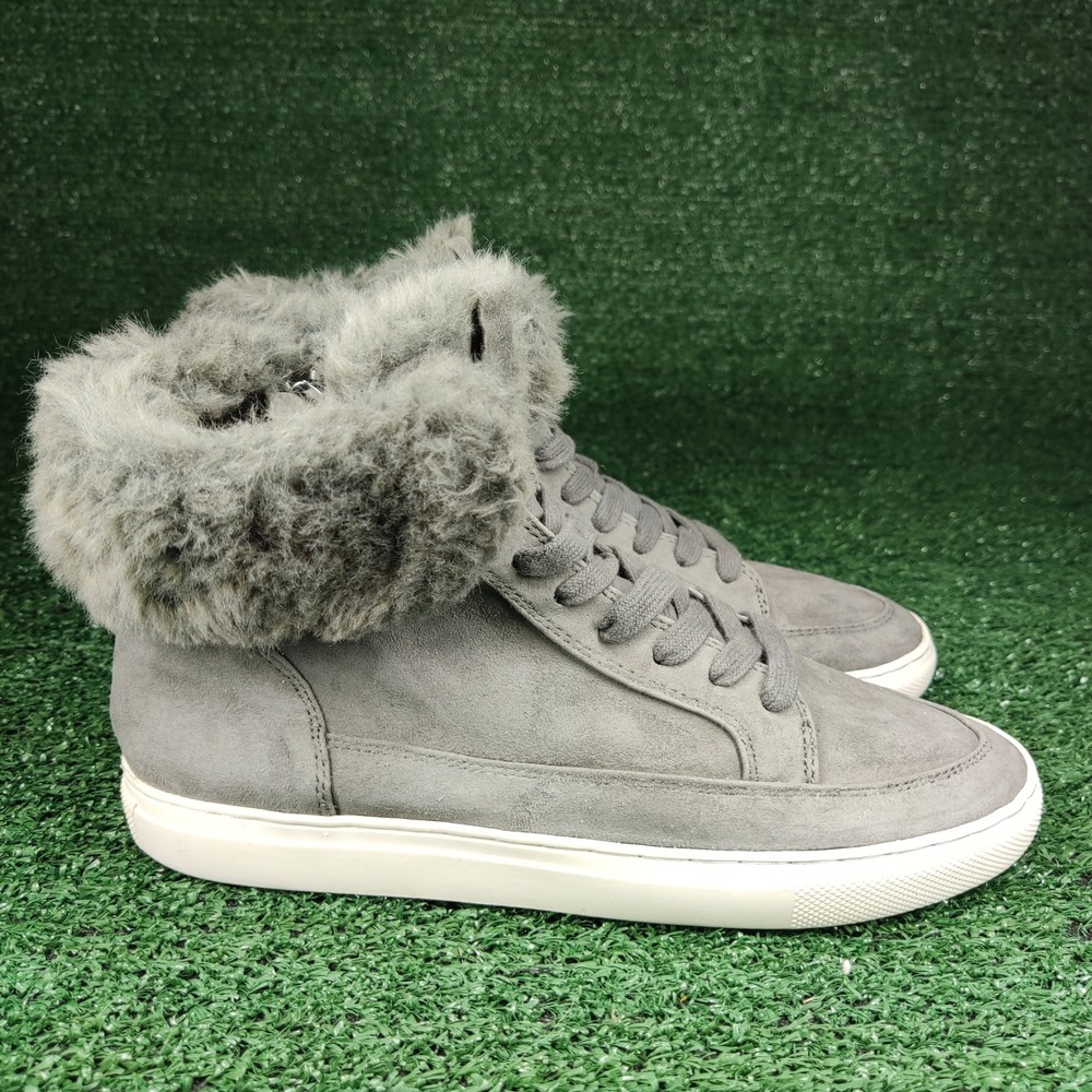 Gianni Bini Sneakers Womens 7M Grey High Top Faux Fur Trim Leather Lace Up Zip